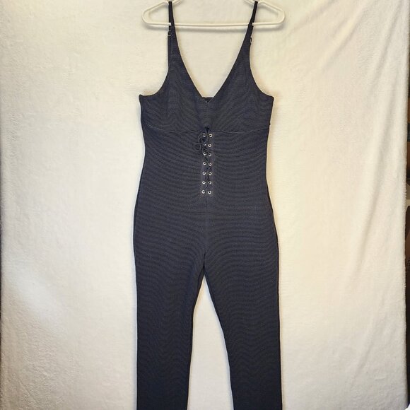 Forever 21 Jumpsuit Womens XL Black Lace Up Front Stretch Form Fitting - Picture 3 of 10